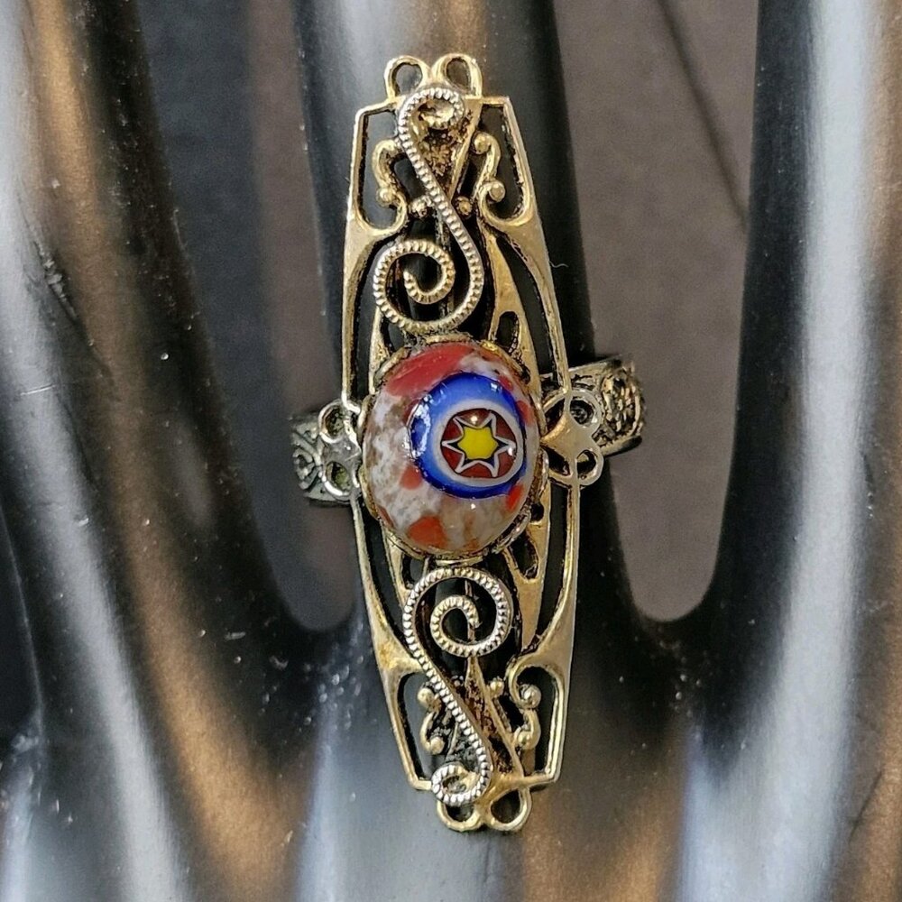 VTG 1960s Star Millefiori Glass Cabochon Ring‎ Adjustable Made In Italy Red Blue